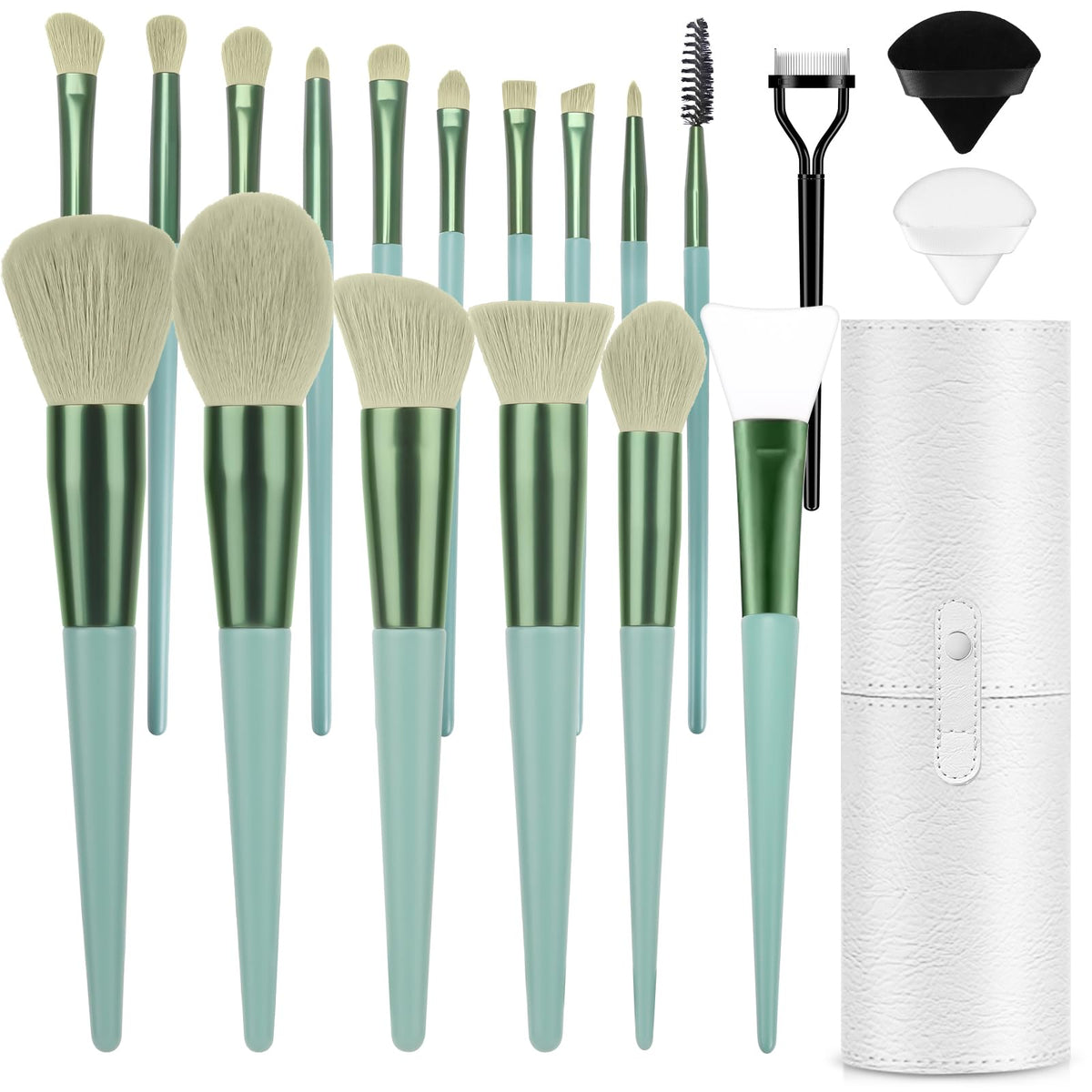 Luxbru 20Pc Professional Makeup Brush Set - Dark Green With Travel Case & 2 Powder Puffs