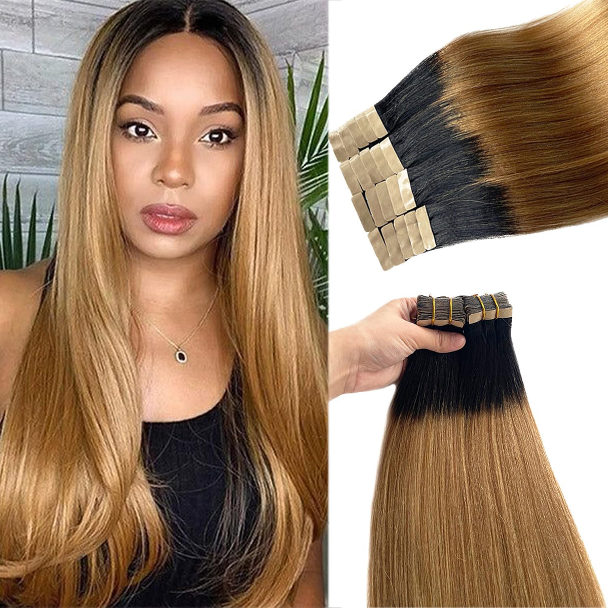 Benafee Ombre Yaki Tape In Hair Extensions 18” Natural Black To Honey Blonde Human Hair