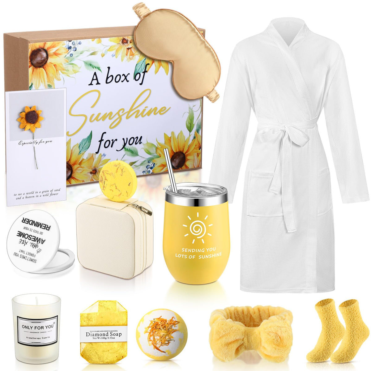 Nuogo 13 Pcs Valentine'S Day Spa Gift Basket For Women - Yellow Robe, Socks, Jewelry Case & More