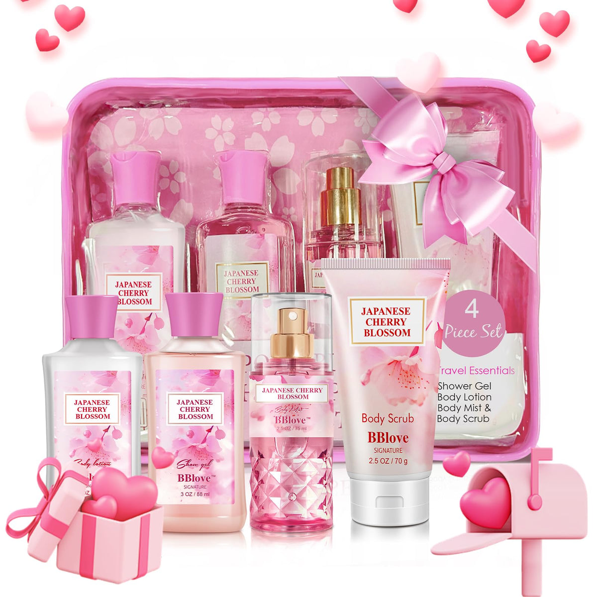 Bblove Japanese Cherry Blossom Bath & Body Gift Set, 4Pcs - Shower Gel, Lotion, Mist, Scrub