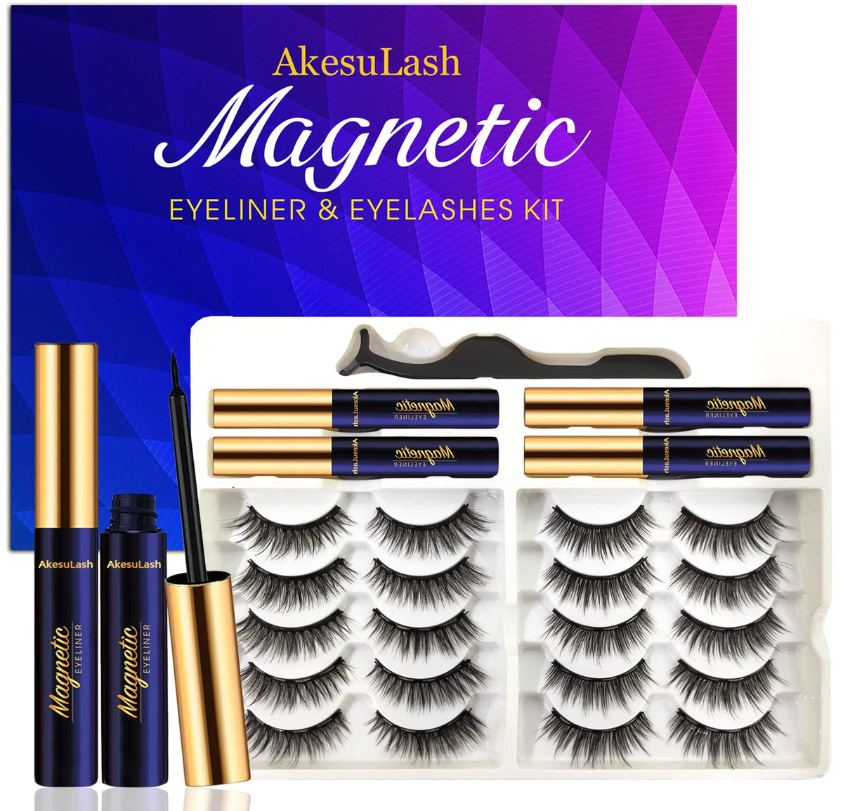 Akesulash 3D Magnetic Eyelashes - 10 Pairs, Vegan, Reusable With Eyeliner Kit &