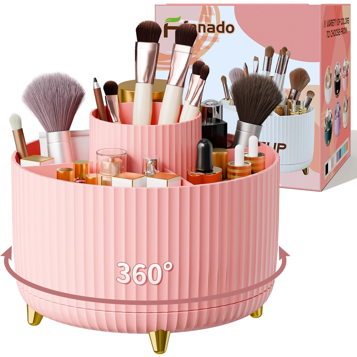 Fanado 360° Rotate Makeup Brush Holder - Pink Makeup Organizer For Vanity & Bathroom Storage