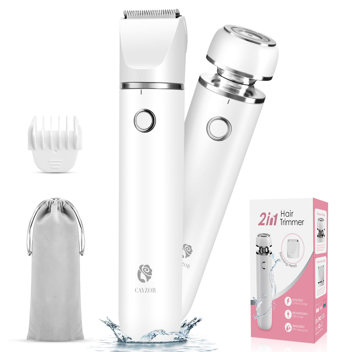 Cayzor 2-In-1 Bikini Trimmer & Shaver Kit For Women - Waterproof Electric Hair Removal, White