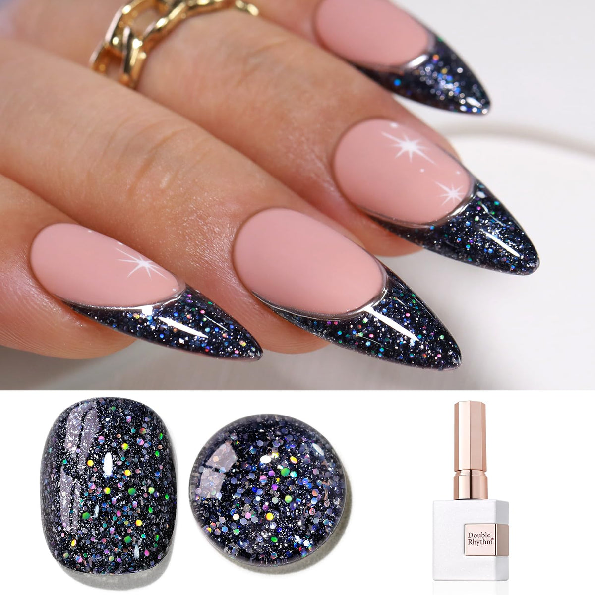 Double Rhythm 15Ml Holographic Glitter Gel Polish - Black Magnetic Nail Art For Diy & Salon