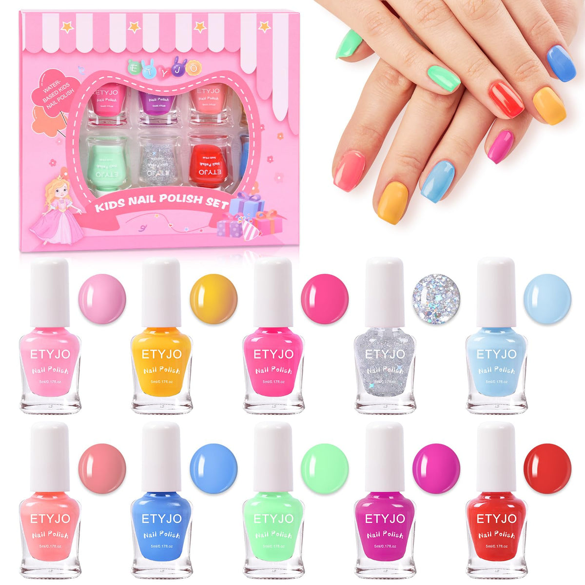 Etyjo Kids Nail Polish Set, 10 Non-Toxic Rainbow Colors, Water-Based, Quick Dry, Peel Off, 3+