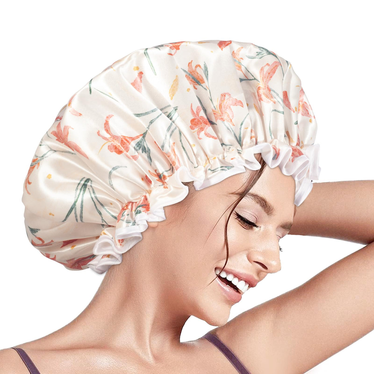 Aquior Reusable Waterproof Shower Cap For Women, Double Layer, Fits All Hair Lengths