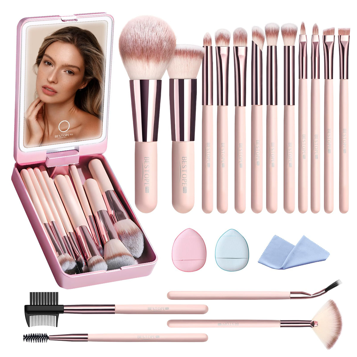 Bestope Pro 20Pc Travel Makeup Brush Set With Case, Led Mirror & 2 Powder Puffs - Pink