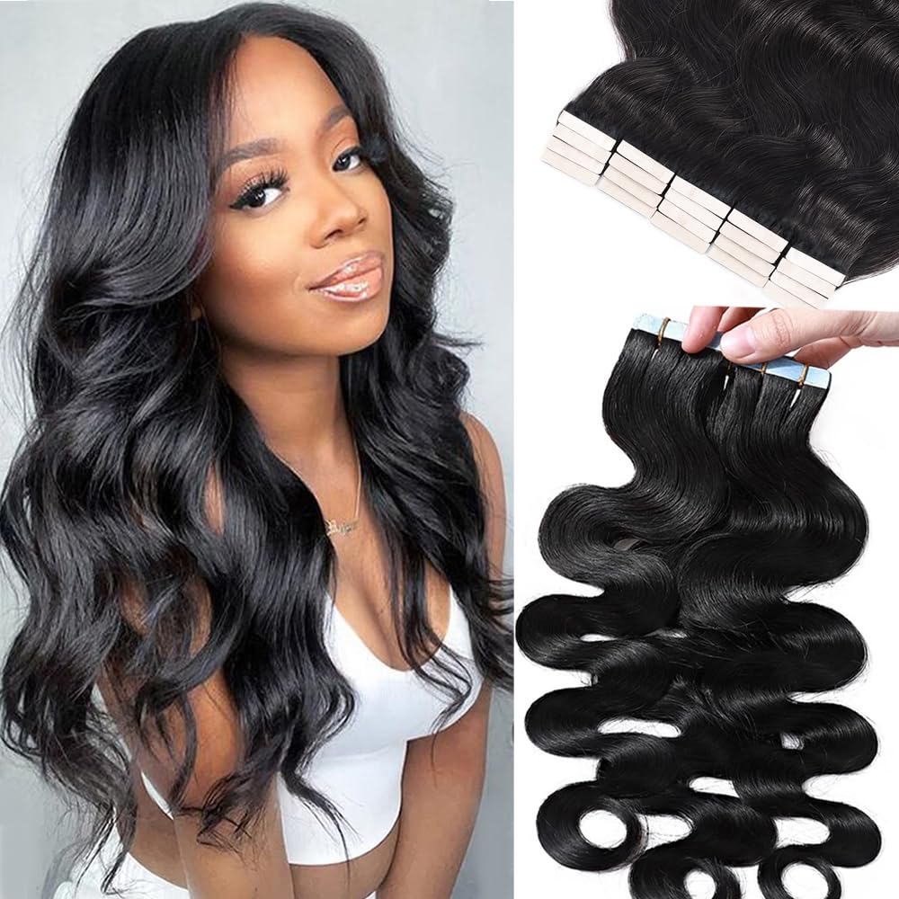 Smartinnov 20&quot; Invisible Hair Extensions - Natural Wavy Tape Ins For Black Women, 50G, Human Hair