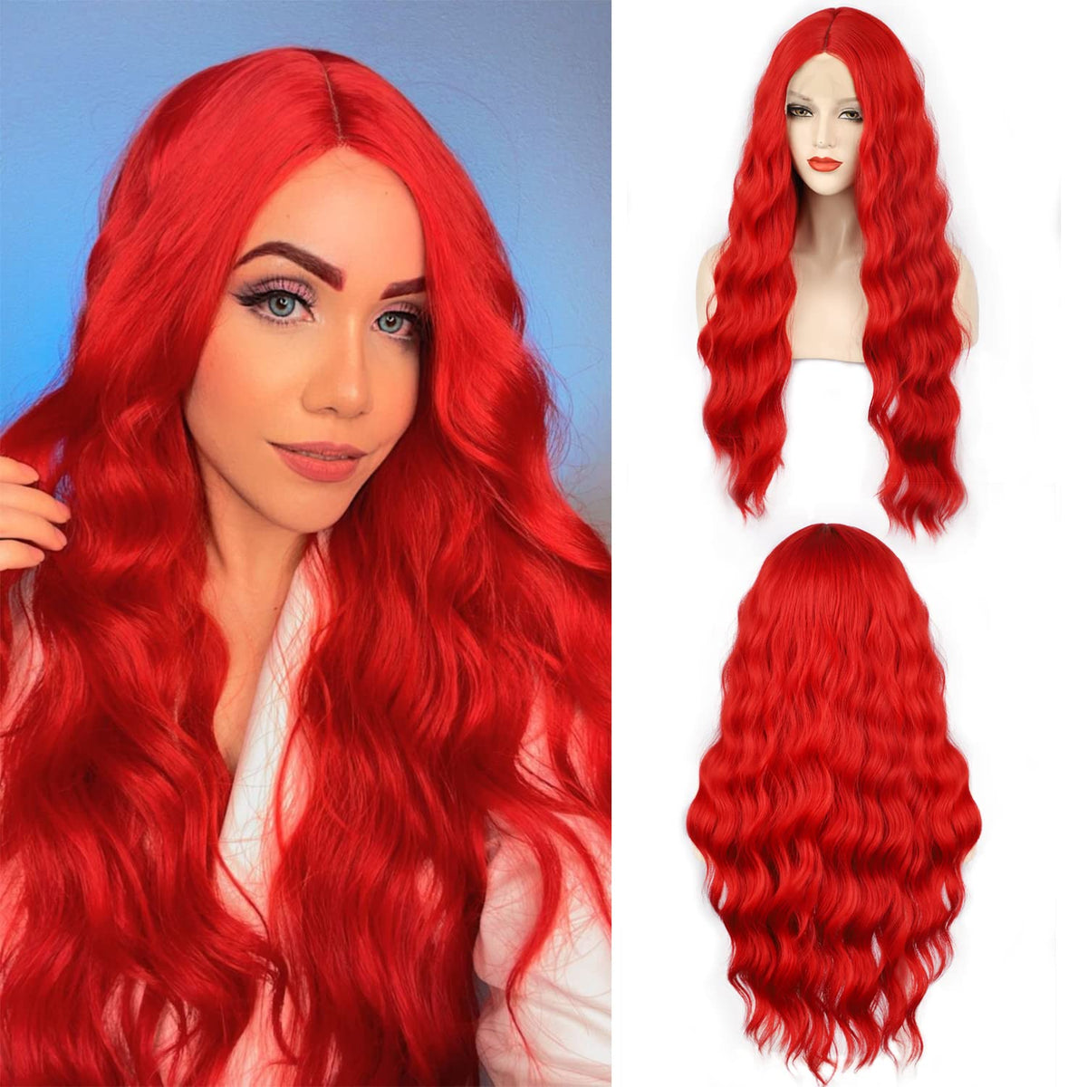 WECAN 28&quot; Red Wavy Synthetic Wig - Heat-Resistant Hair for Halloween & Daily Use