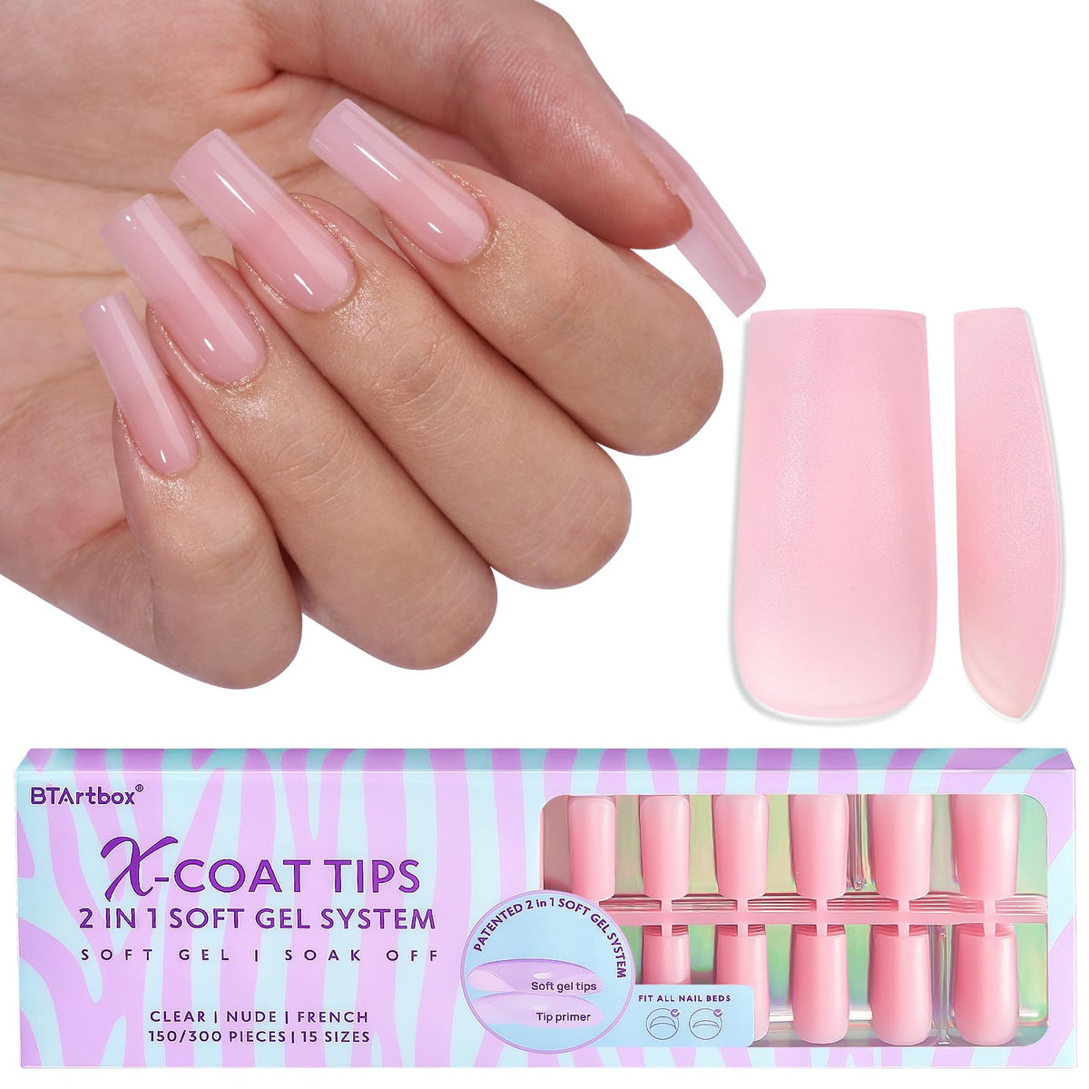 Btartbox Soft Gel Nail Tips - Long Pink Press On Nails, Full Cover Fake Nails For Nail Art