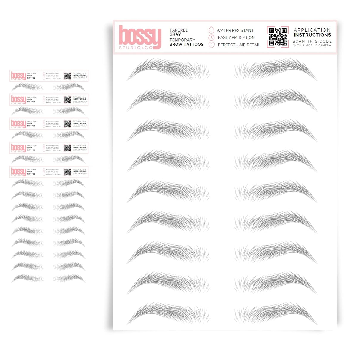 Brows By Bossy 5 Pack Waterproof Eyebrow Tattoos - Natural Strokes, Tapered Gray Stickers