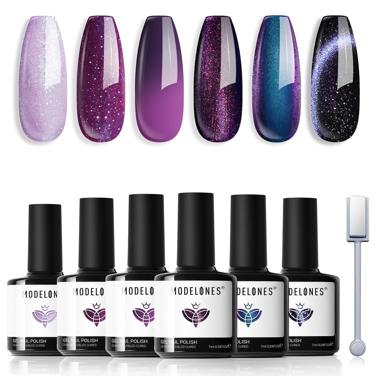 Modelones 6 Colors Chameleon Glitter Gel Nail Polish Set - Purple-Red/Black/Blue 9D Cat Eye