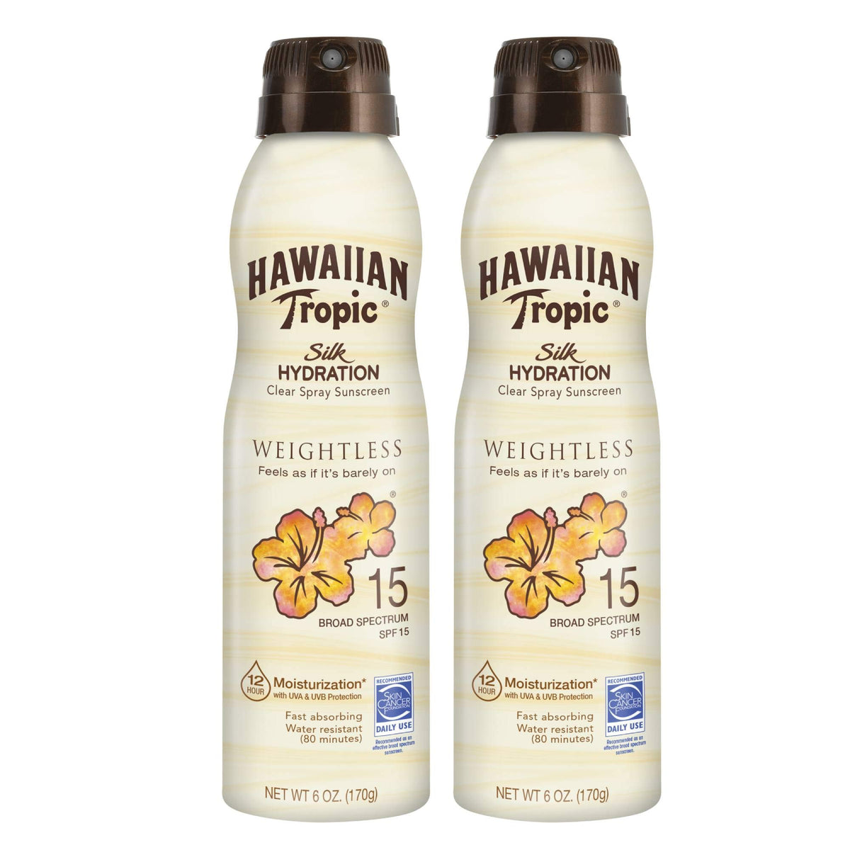 Hawaiian Tropic Spf 15 Weightless Hydration Clear Spray Sunscreen Twin Pack, 6Oz Each