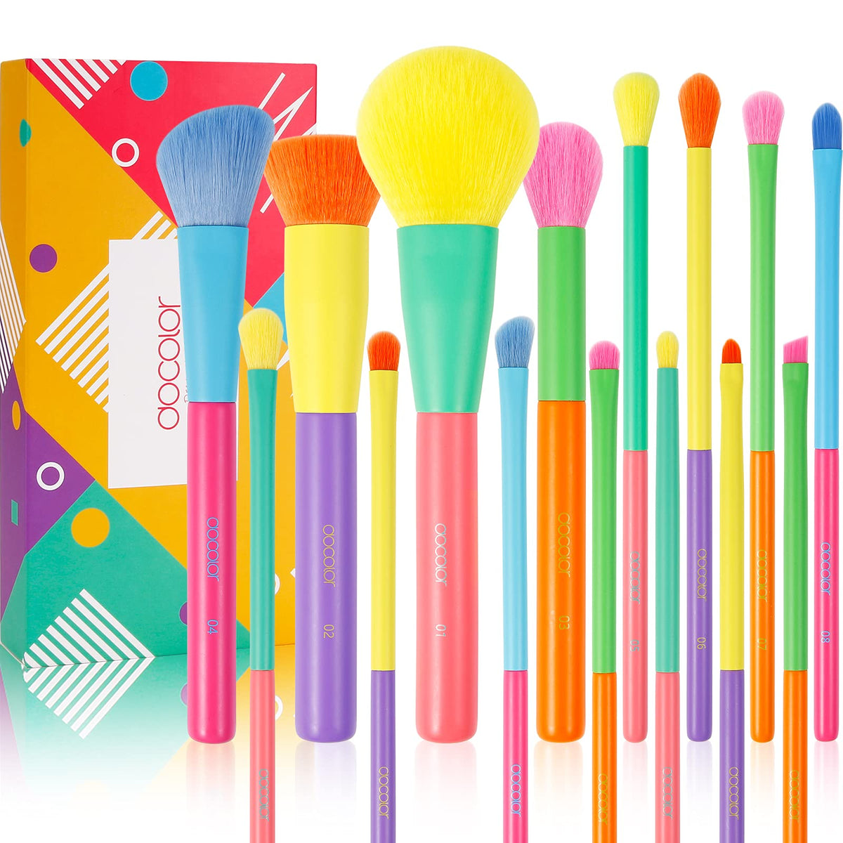 Docolor 15Pcs Makeup Brush Set - Colorful Synthetic Face & Eye Makeup Brushes, Kabuki & Blending