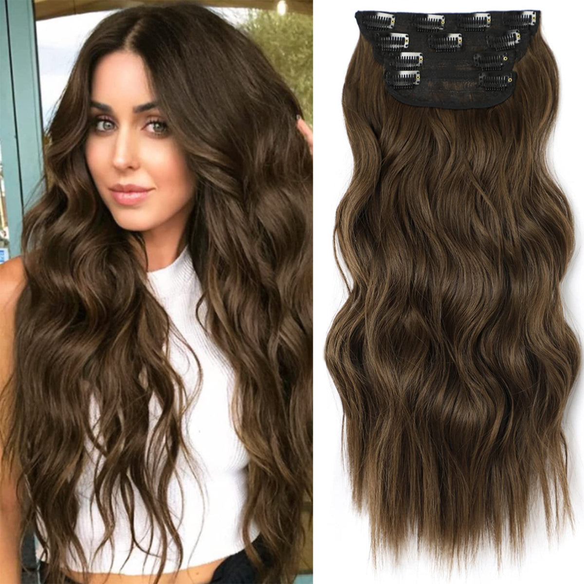 Alxnan 20&quot; Chestnut Brown Clip-In Wavy Synthetic Hair Extensions 4Pcs For Women