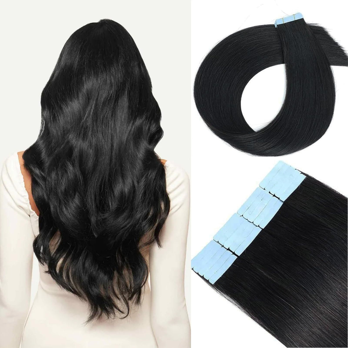 Loumte Tape In Hair Extensions 100% Remy Human Hair 22&quot; Jet Black Seamless Invisible Weft