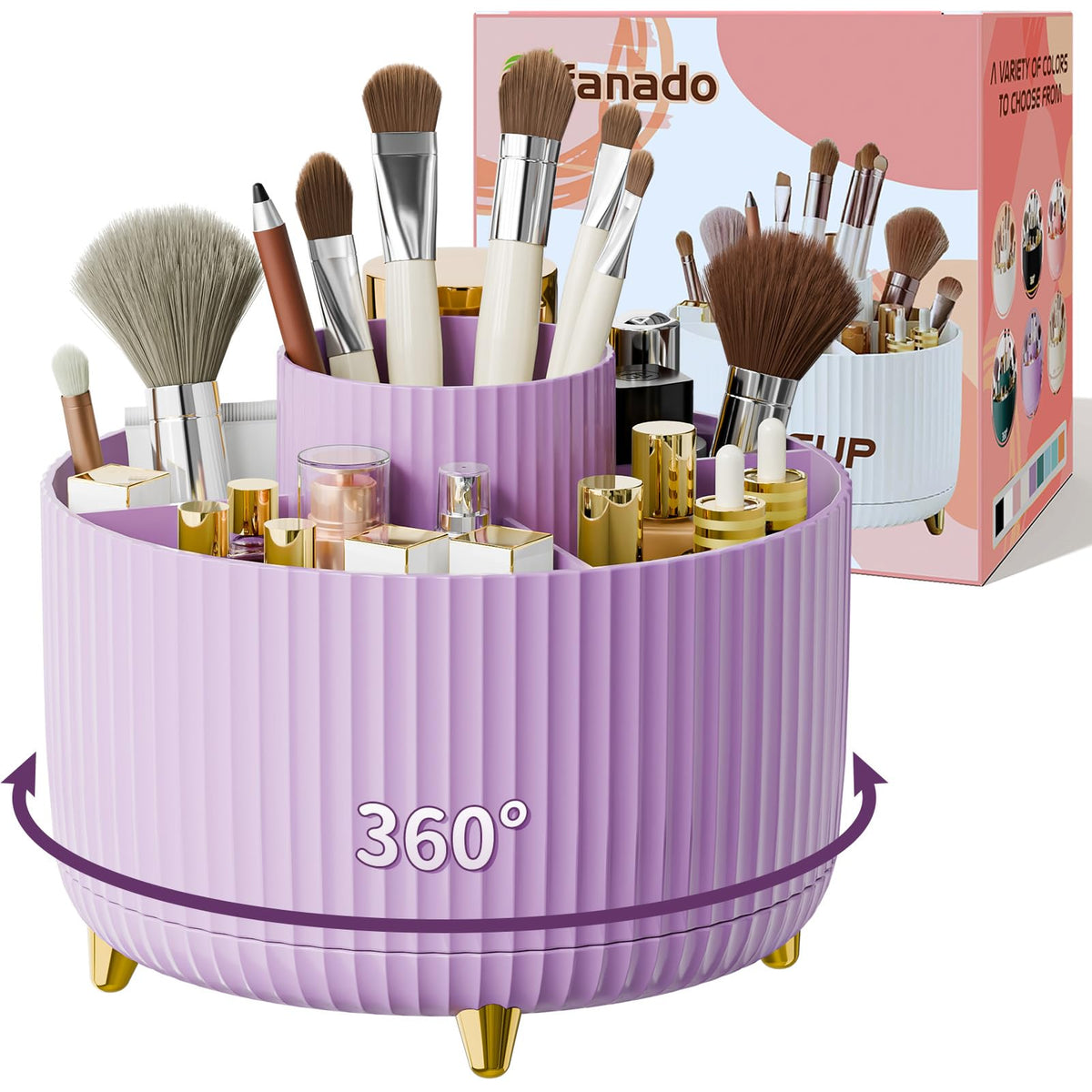 Fanado 360° Rotate Makeup Brush Holder Organizer - Purple Skincare & Makeup Storage For Vanity