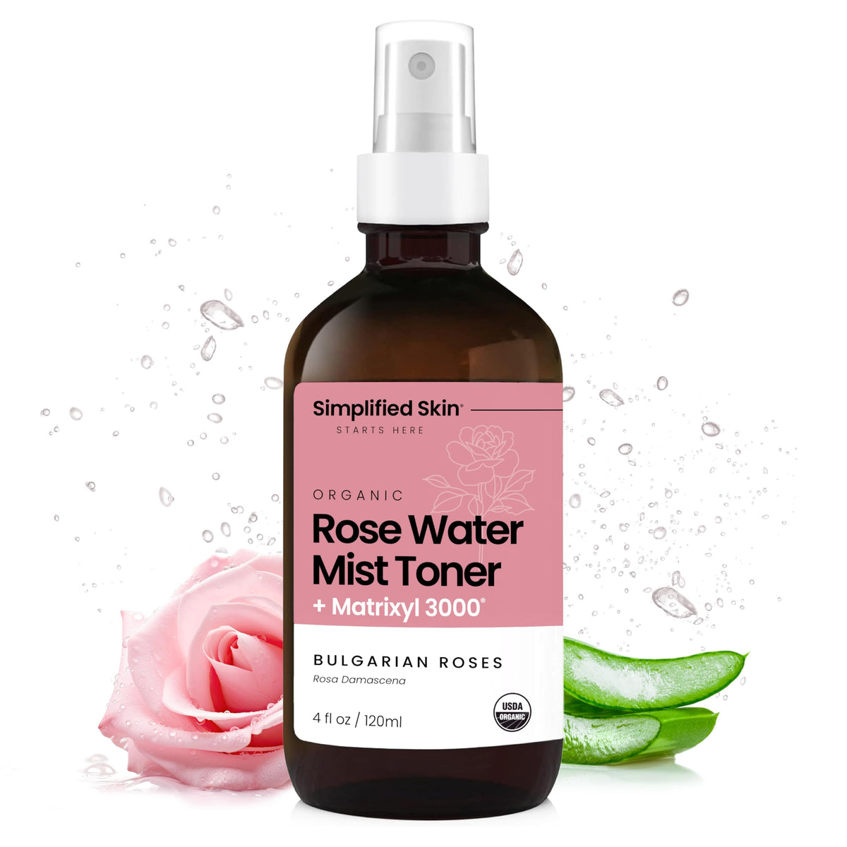 Simplified Skin Rose Water Spray With Aloe Vera & Hyaluronic Acid - Hydrating Face Mist 4 Fl Oz