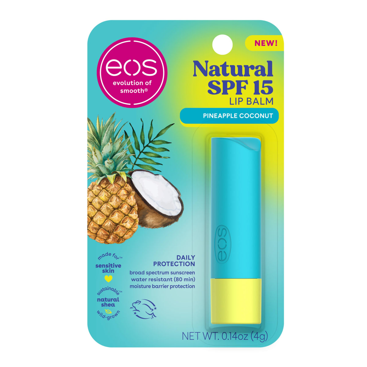 Eos Natural Spf 15 Lip Balm, Pineapple Coconut, Water Resistant, 0.14 Oz, Daily Protection