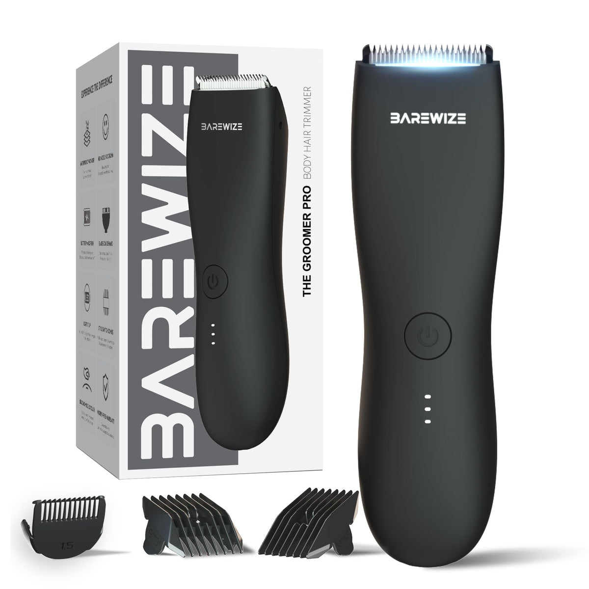 Barewize Waterproof Body & Pubic Hair Trimmer For Men - Rechargeable, Led Light, Ceramic Blade