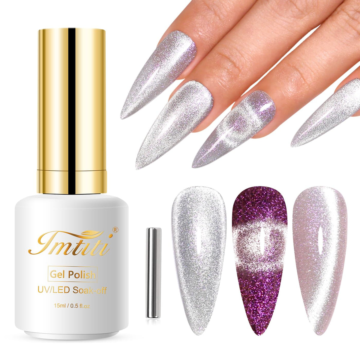 Imtiti Cat Eye Gel Nail Polish 15Ml - Silver Holographic Glitter Uv Led Magnetic Manicure