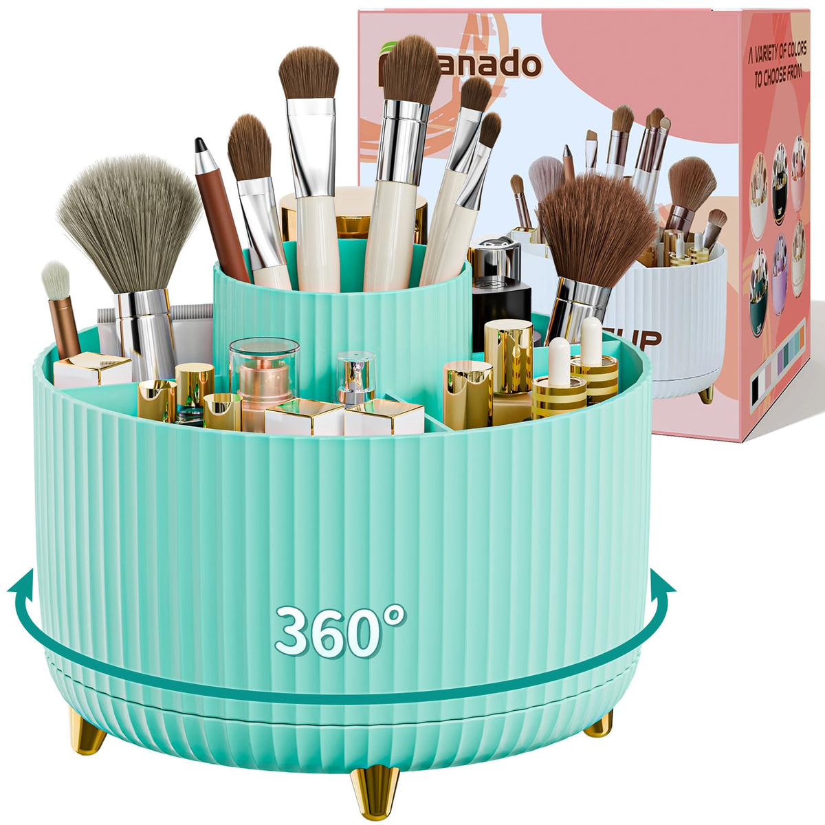 Fanado 360° Rotate Makeup Brush Holder - Mint Green Makeup Organizer For Vanity & Bathroom