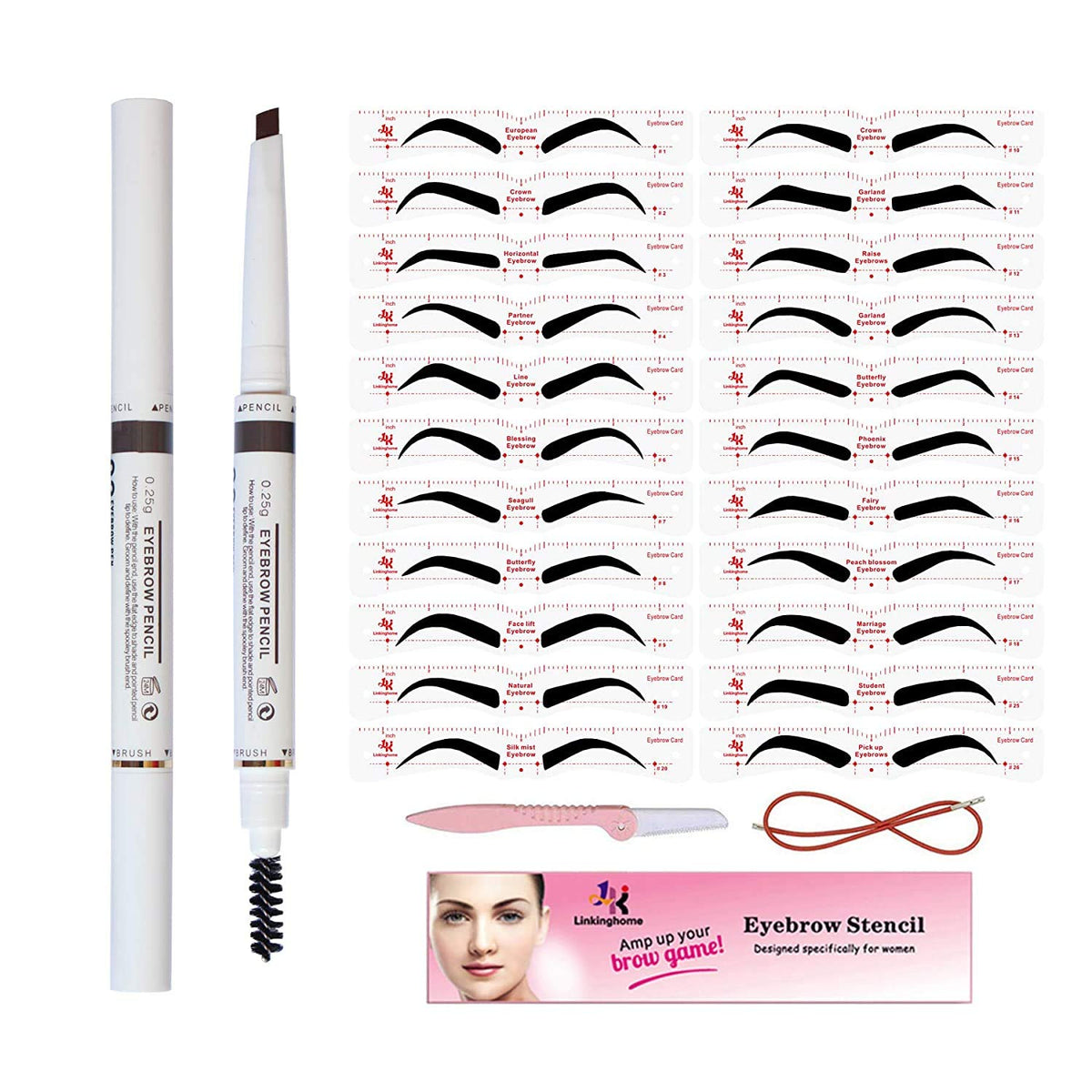 Linkinghome Eyebrow Stencils & Pencil Kit - 30 Reusable Templates, Waterproof, Dark Gray