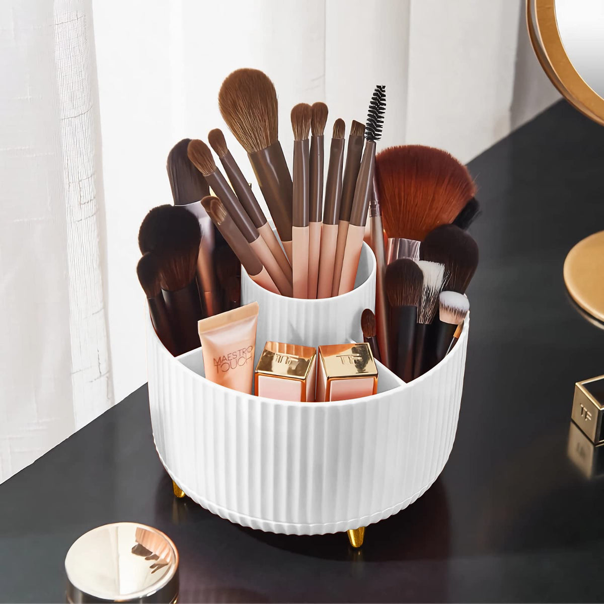 Diesisa 360° Rotating Makeup Brush Holder - White Organizer For Brushes, Cosmetics & Nail Polish