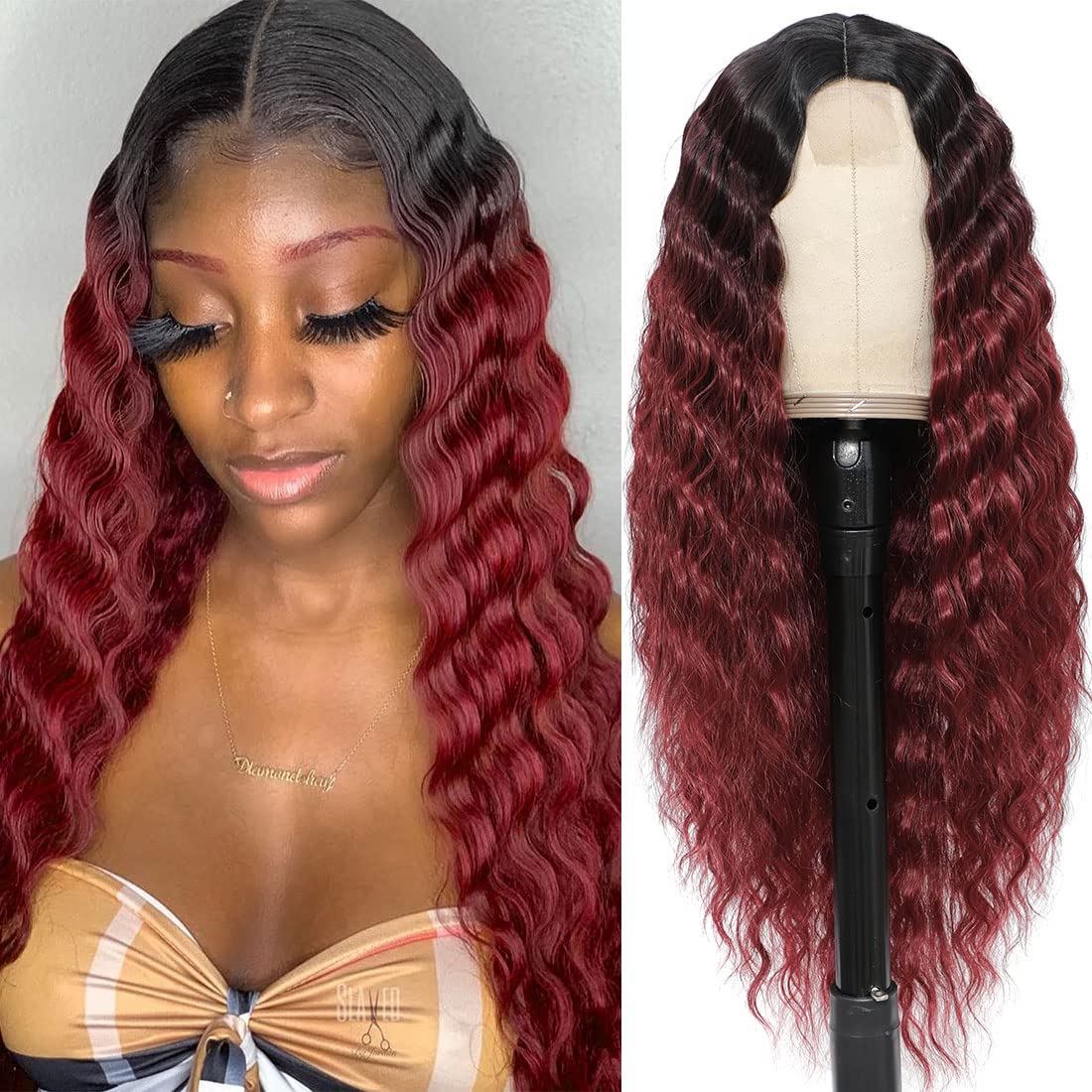 Clione 28&quot; Ombre Burgundy Synthetic Curly Lace Front Wig Long Deep Wave Hair For Women