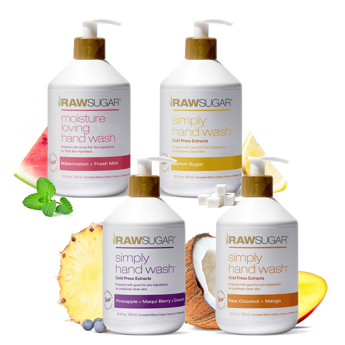 RAW SUGAR Hand Wash Variety Pack - Lemon, Watermelon, Pineapple, Coconut - 16.9 fl oz (4 Pack)