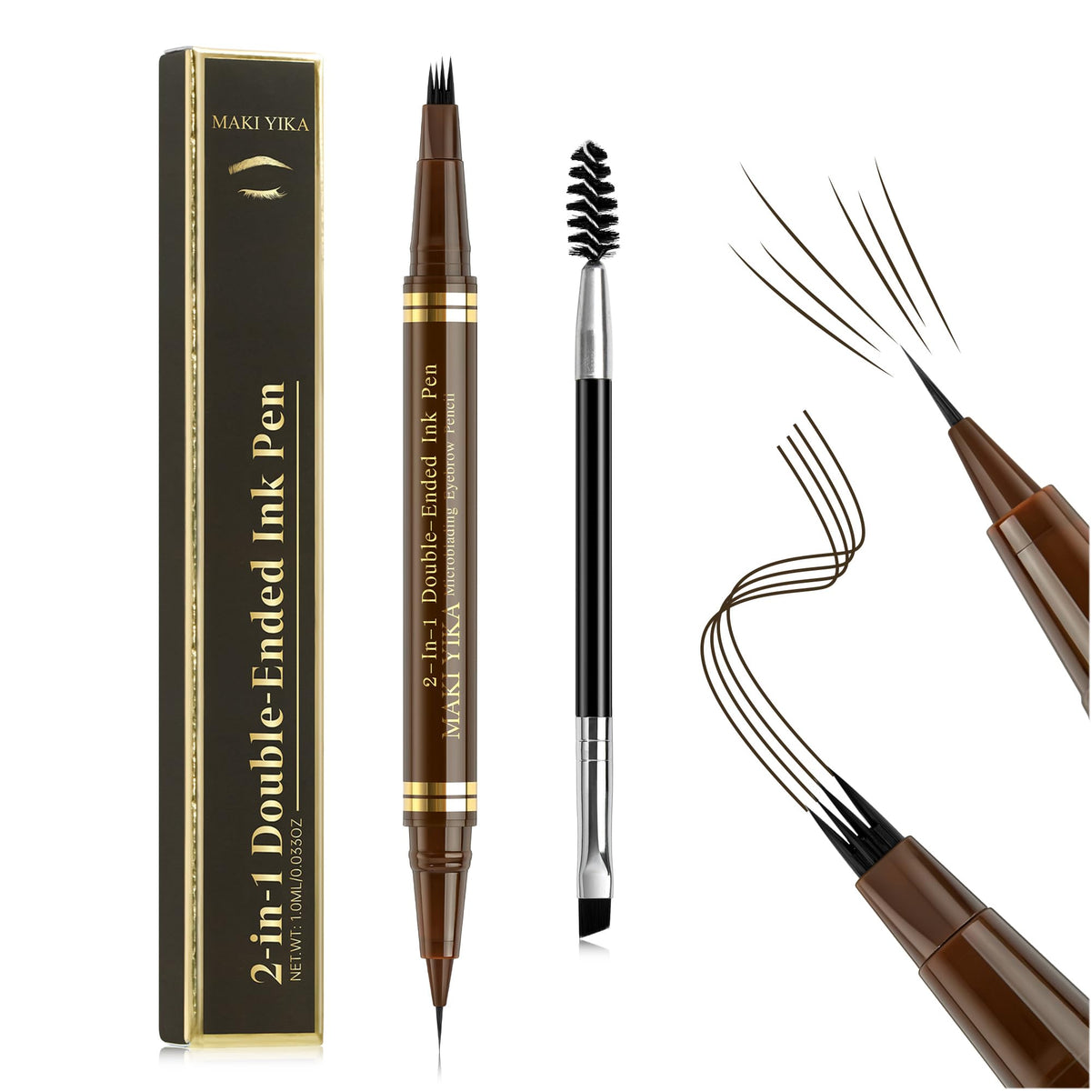 Maki Yika Waterproof Microblading Eyebrow Pencil - 4 Tip Brow Pen & Dual-Ended Brush, A-Black Brown