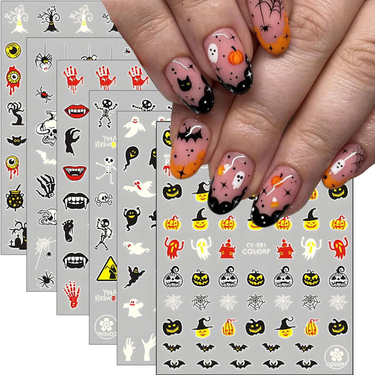 Winthrop 9 Sheets Glow In The Dark Halloween Nail Art Stickers - 3D Pumpkin, Ghost & Spider Designs