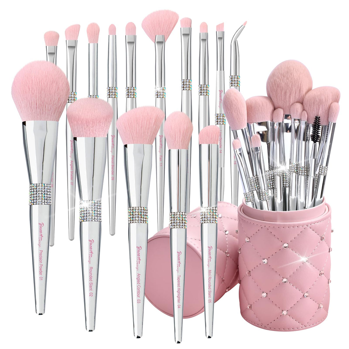 Bueart Design 15Pcs Silver Pink Makeup Brush Set With Holder - Ultra Soft Blending & Contour Brushes