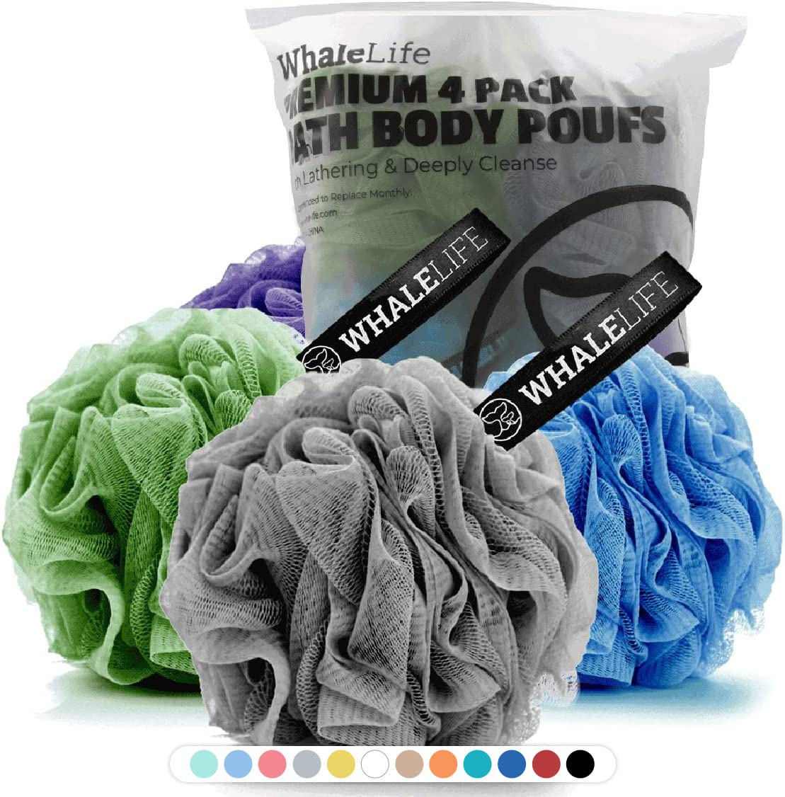 Whalelife Loofah Sponge Bath Sponge Set - 4 Pack In Gray, Blue, Green, Purple For Men & Women