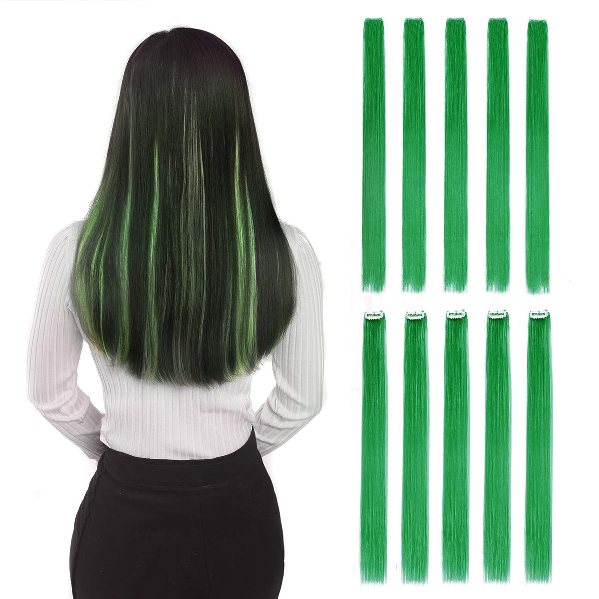 Bhf 22&quot; Green Clip-In Hair Extensions - 10Pcs Straight Fashion Hairpieces For Party Highlights