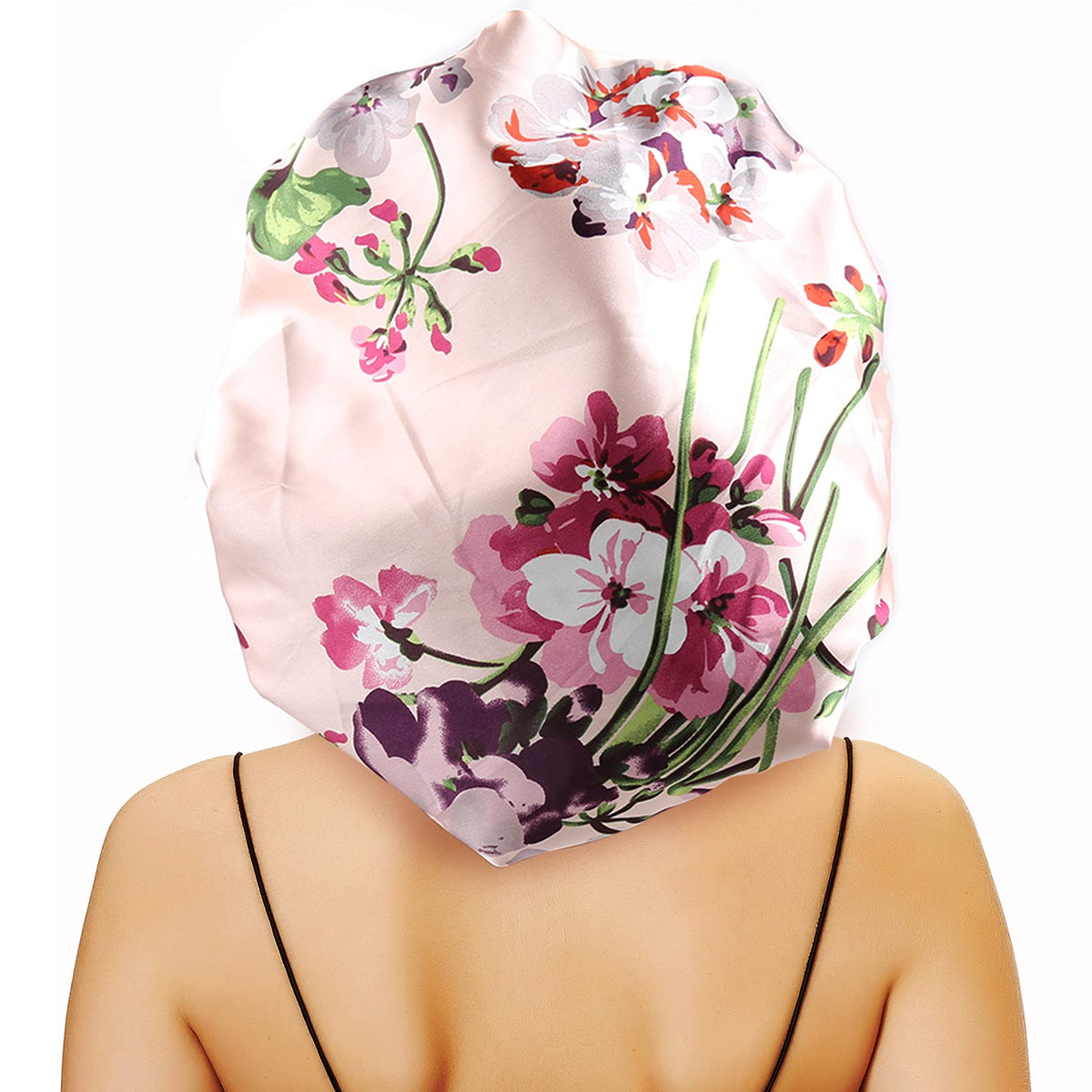 Sent Hair Large Satin Bonnet Sleep Cap - Double Layer Silk for Braids & Curly Hair, Pink Floral