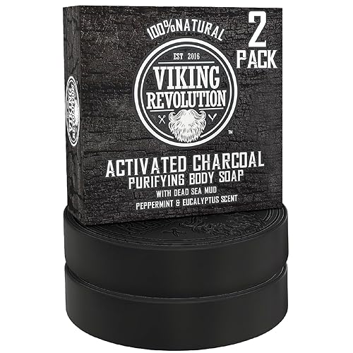 Viking Revolution Activated Charcoal Soap For Men, Dead Sea Mud Cleanser, Peppermint & Eucalyptus, 2-Pack