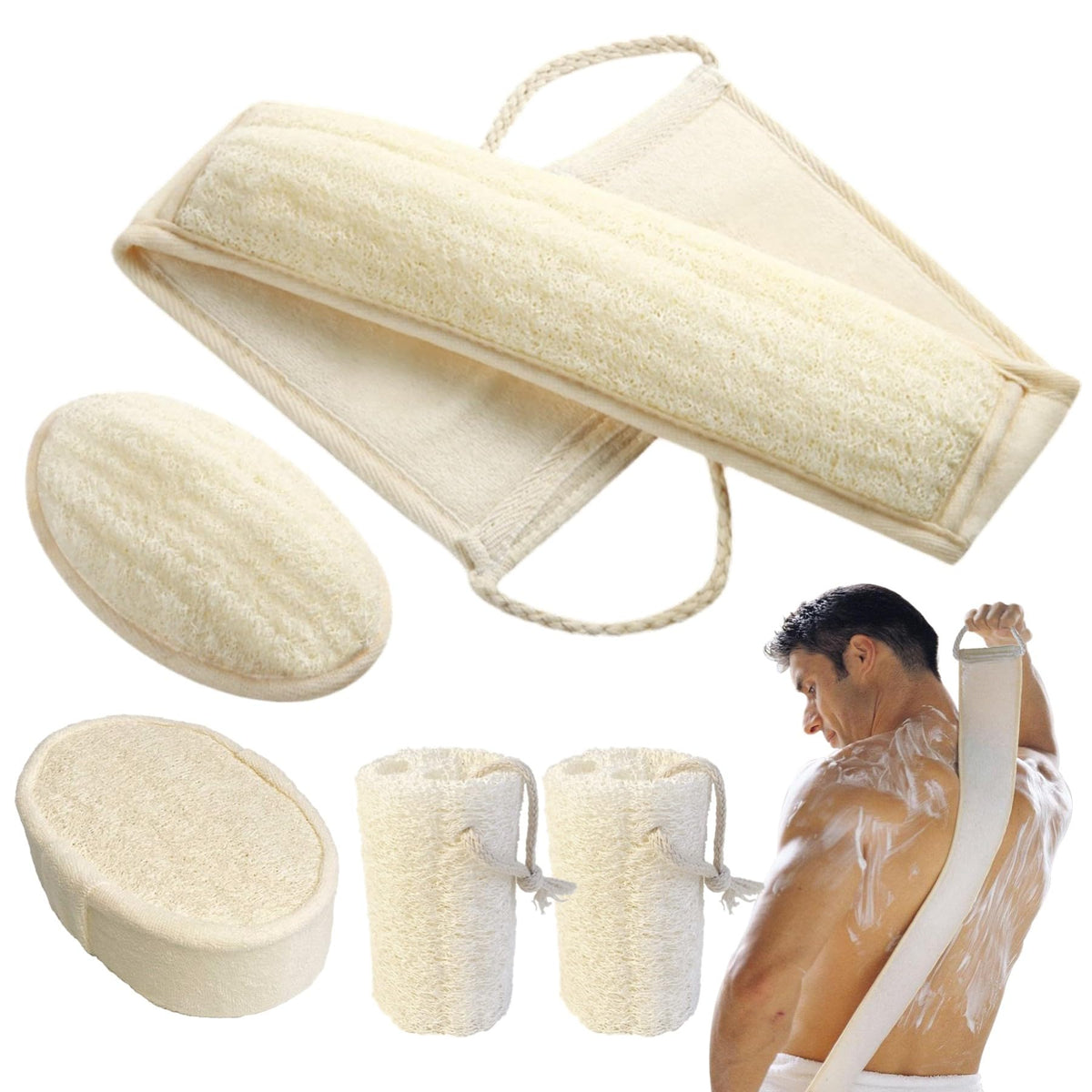 Yunkwong Natural Loofah Sponge Set, Exfoliating Body Scrubber With Handle, 5 Pcs