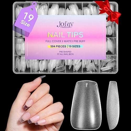 Jofay Fashion Short Coffin Nail Tips 504Pcs, Full Matte Gel, Clear Acrylic, 19 Sizes