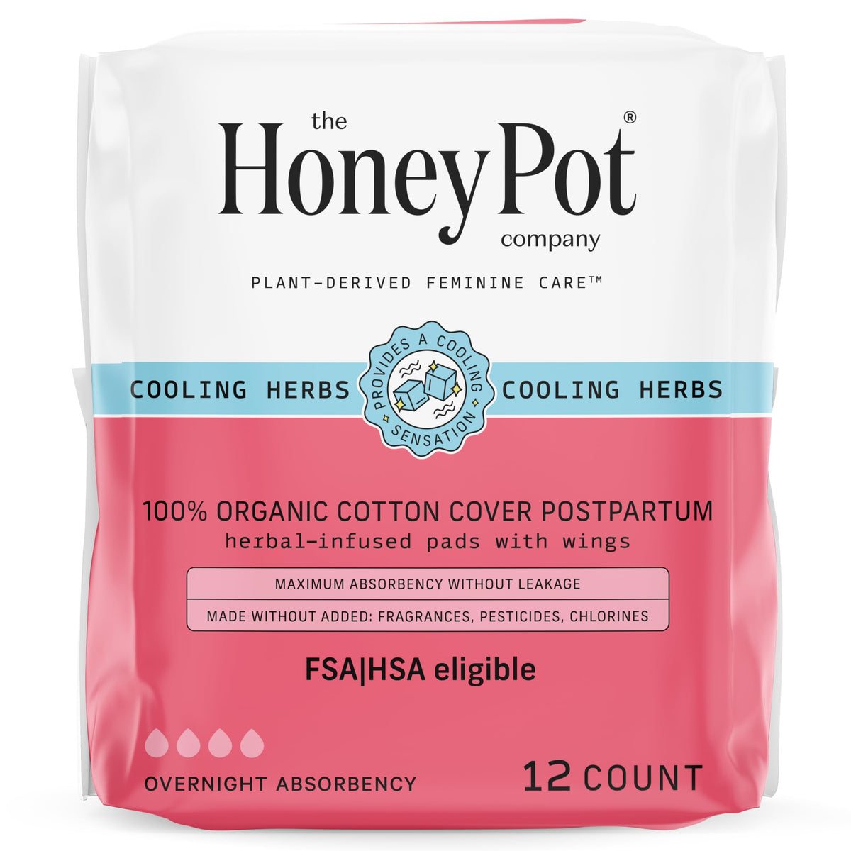 The Honey Pot Company Herbal Postpartum Pads W/Wings - Organic Cotton, 12Ct, Cooling Effect