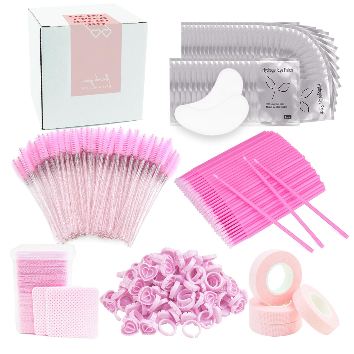 Loikmiup 554 Pcs Eyelash Extensions Kit - 50 Gel Pads, 100 Brushes, 200 Wipes, Pink