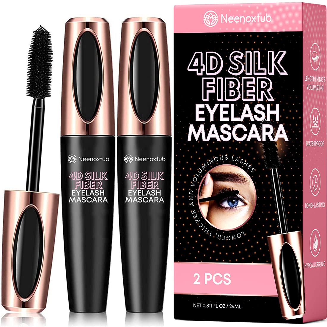 Neenoxtub 4D Silk Fiber Lash Mascara - Lengthening, Waterproof, Smudge-Proof, 2 Pack Black