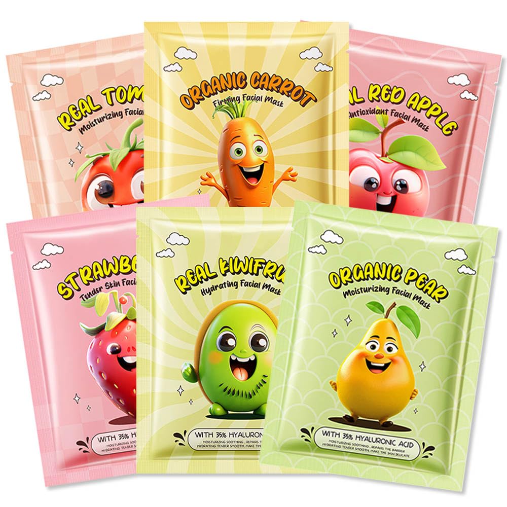 Kaely 6 Pack Fruit Face Masks For Kids - Spa Party Skincare Set, Moisturizing Sheet Masks