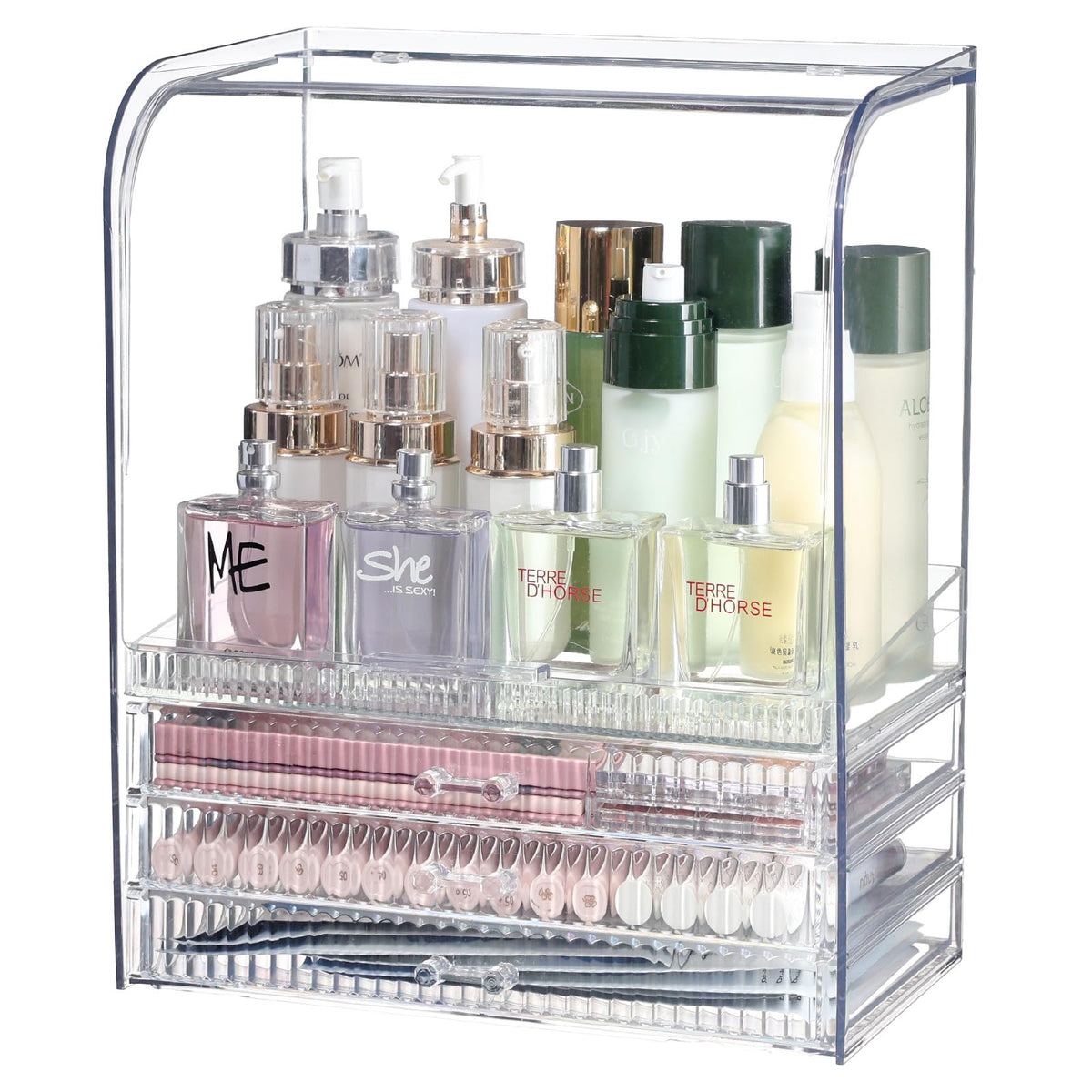 Suoxing Clear Acrylic Makeup Organizer With Lid - 3 Drawer Dustproof Vanity Storage Container