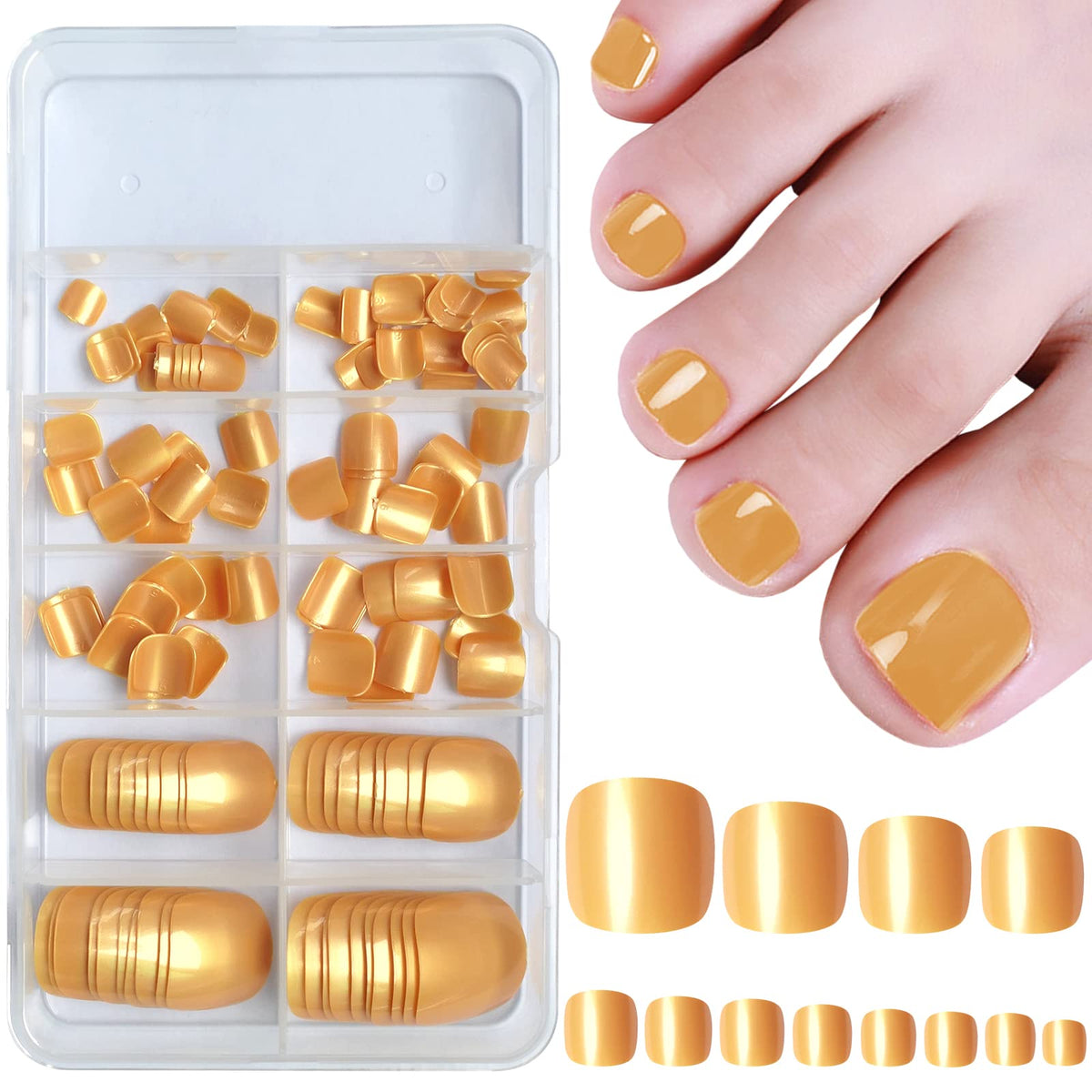 AddFavor 120pcs Gold Glossy Press On Toenails, Short Full Cover Acrylic Nail Tips for Women