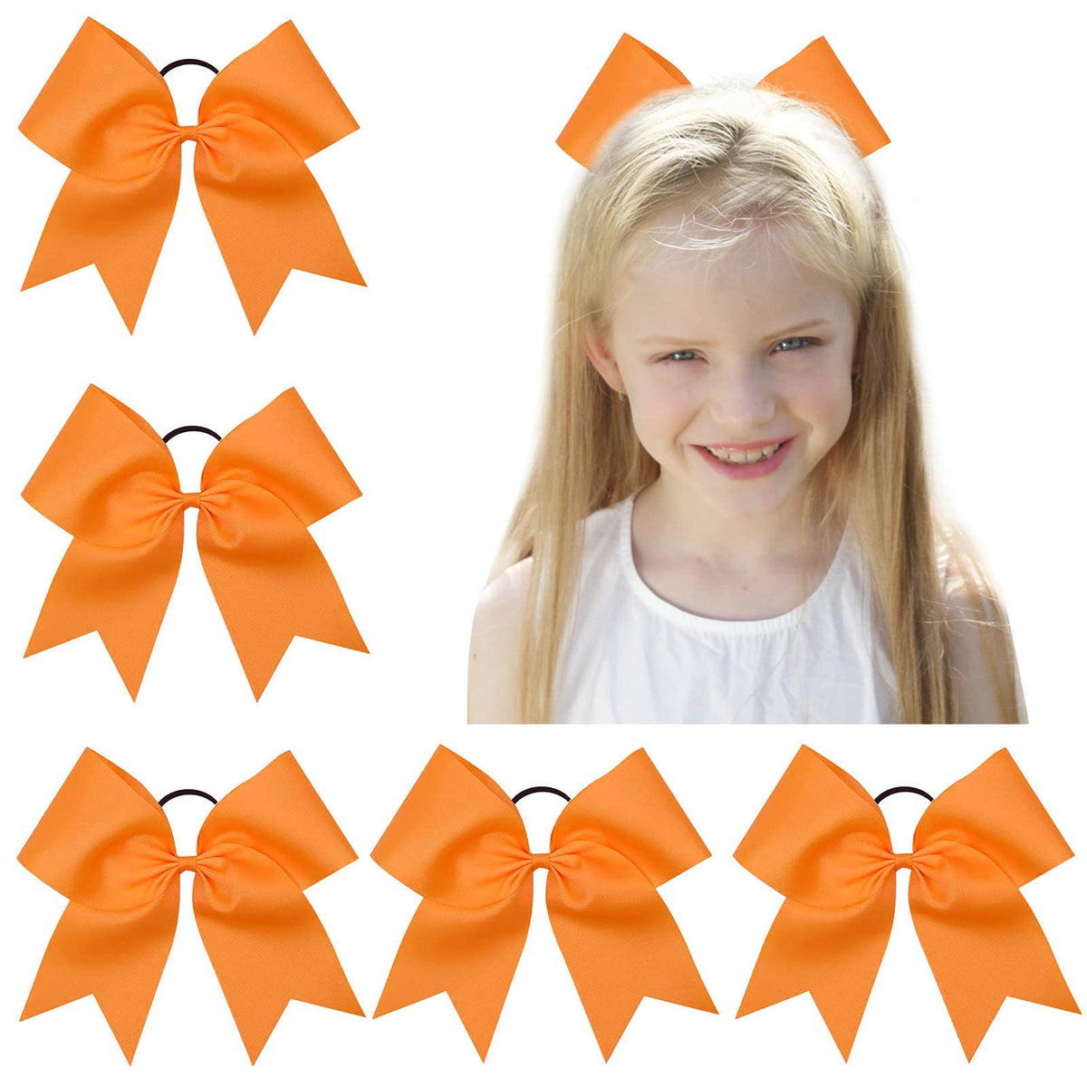 OAOLEER 8&quot; Jumbo Cheer Bows - Elastic Ponytail Holders, 5PCS, Handmade, Orange Hair Accessories