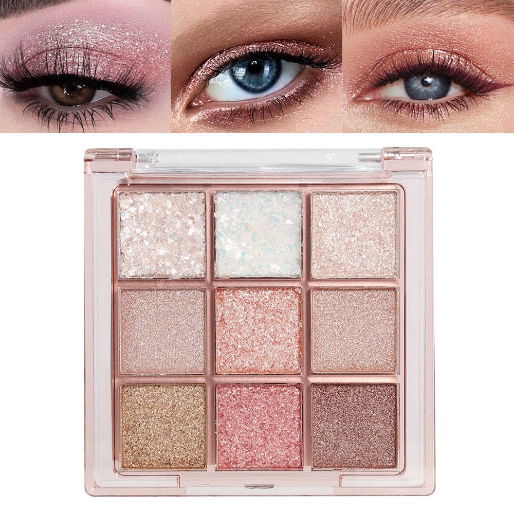 Flyeeo 9 Colors Glitter Eyeshadow Palette - Shimmer Sparkly Waterproof Makeup For Women & Girls