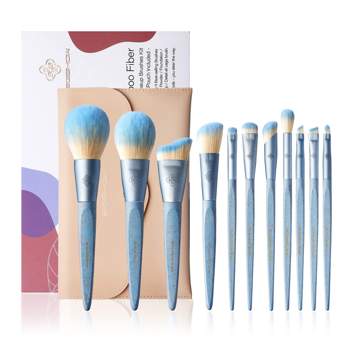 Eigshow 11 Pcs Vegan Makeup Brushes Set - Ice Blue Synthetic Foundation & Eye Brushes With Bag