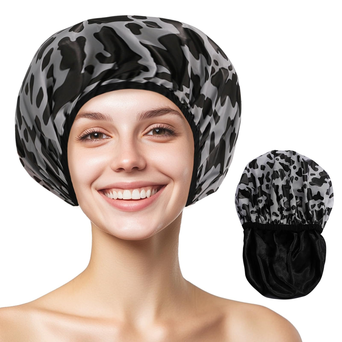 Yizijizi Reusable Waterproof Shower Cap For Long Hair - Large Size, Black Cow Design