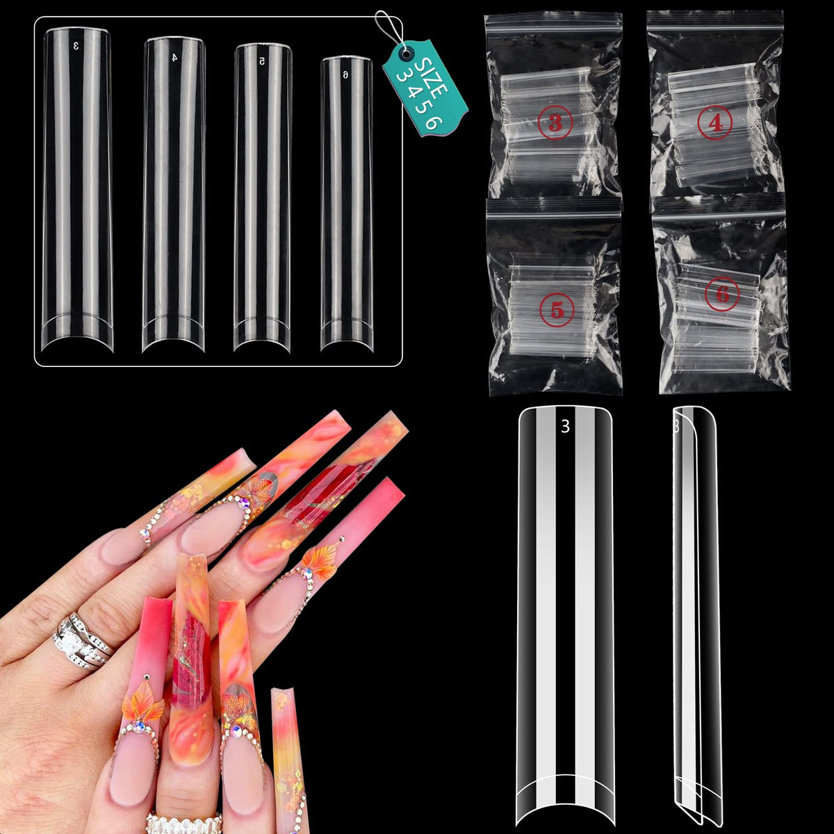 Lionvison 200Pcs Clear Acrylic Nail Tips 3Xl Long Flat Tapered Square For Diy & Salon Use